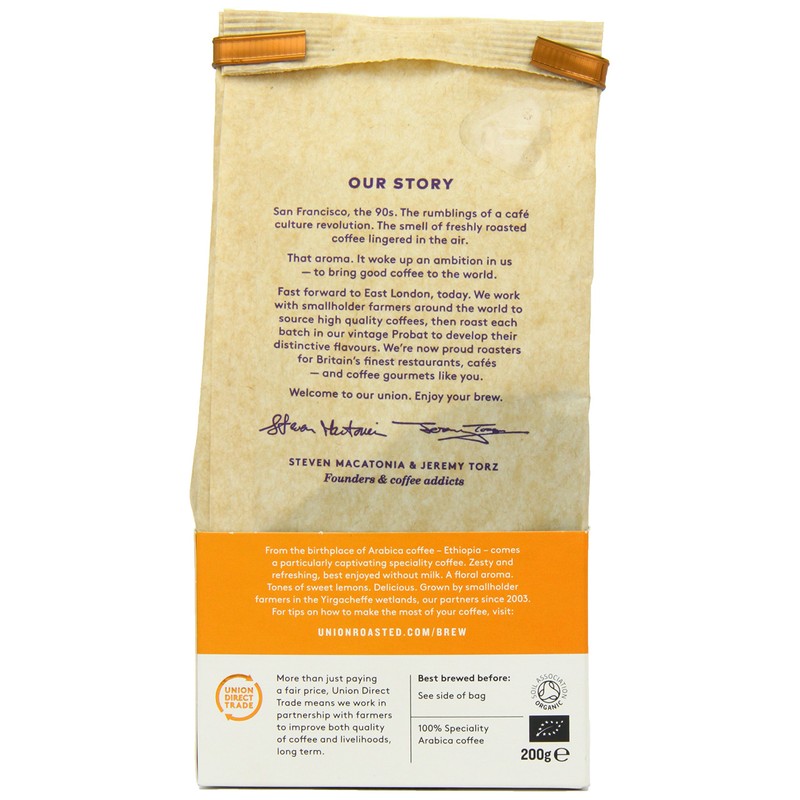 Union Organic Yirgacheffe Ethiopia Ground Coffee 200 g (Pack of