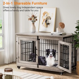 Lulive Dog Crate Furniture, Dog Kennel Indoor Double Doors Wooden Dog Cage, 38'' Heavy Duty Dog Crate with Cushion & Wheels, Decorative End Table Pet House Chew-Resistant for Large/Medium Dog, Grey
