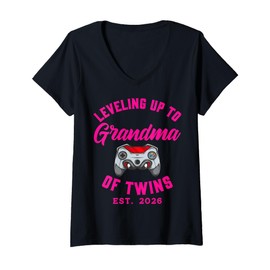 Womens Leveling Up To Grandma of Twins 2026 Baby Announcement Gifts V-Neck T-Shirt