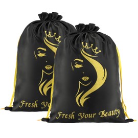 2 bolsas de satén para múltiples pelucas, bolsas suaves y sedosas con cordón de embalaje para pelucas, paquetes, extensiones de pelo, herramientas, bolsas de regalo de negocios (negro)