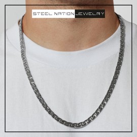 STEEL NATION JEWELRY Men's Stainless Steel 6.5mm Flat Mariner Link Chain Necklace - Choice of Length and Color, Large, Metal