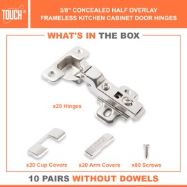 TOUCH Cabinet Hinges (10 Pairs, 20 PCS) Frameless Cupboard Door Hinge 3/8" Inch Half Overlay Concealed European Clip-On Hinges for Kitchen Cabinet 3-Way Adjustable with Screws