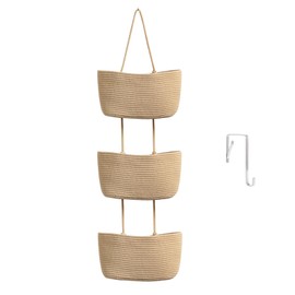 TeoKJ Over the Door Hanging Basket, 3-Tier Woven Cotton Wall-Mounted Storage Organizer Bag Decorative Hanging Nursery Baskets - Jute