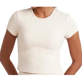 POPSUGAR Short Sleeve Athletic Tops for Women, Fitted Feminine Seamed Workout Shirts Breathable Gym Running Yoga Tshirts Latte, Medium