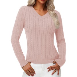 IEEILULU Cable Knit Sweater Women Soft V Neck Tops Long Sleeve Pullover Clothes Casual Trendy Outfits Pink L