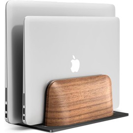 SHUOSUO Vertical Laptop Stand, Dual Slot Natural Wood & Aluminum Laptop Holder Vertical for Desk, Width Adjustable Dock for MacBook and Other Laptops