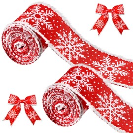 2 Rolls Snowflake Wired Edge Ribbon Christmas Tree Ribbon Decorative Seasonal Bows Ribbon Christmas Ribbon for Xmas Winter Holiday Decor DIY Gift Wrapping Garland Wreath Gift Baskets (Red, 6 Yard)
