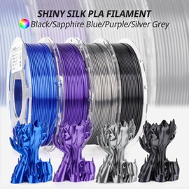 AMOLEN Silk 3D Printer Filament Bundle, PLA Filament 1.75mm Pack, Shiny 3D Printing Filament for Most FDM 3D Printer, Black, Purple, Silver Grey, Sapphire Blue, 200g X 4