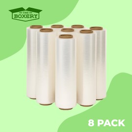 The Boxery 18" x 1500' Stretch Wrap – 90 Gauge Clear Blown Film – 8 Rolls (12,000ft Total) – Extra Heavy-Duty Pallet Wrap for Maximum Load Stability