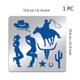 BENECREAT 6x6" Western Cowboy Pattern Stainless Steel Stencils, Reusable Creative Hollow Out Drawing Template for DIY, Engraving, Scrapbooking