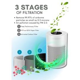 MegaWise Silent Desktop Air Purifier with 3 Speeds for Home Office (Grey 1) True HEPA Filter with Smart Air Quality Sensor, Sleep Mode, Pets Hair, Odors, Smoke, Dust