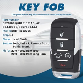 Keyecu Replacement Remote Car Key case Shell for Ram 1500 Long Horn 2019-2022 OHT-4882056 68291691 68291691AB-AE 68442909 68575604AA 5 Buttons,Empty Shell