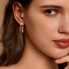 My Queen Huggie Earrings for Women Dainty Chain Earrings 14k Gold Plated Long Drop Earrings Hypoallergenic Unique Triple Hoop Earrings Trendy Cute Statement Earring Fashion Jewelry
