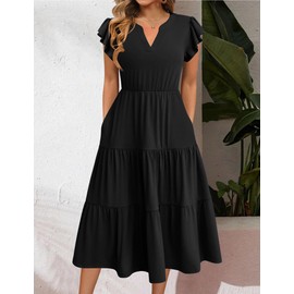 Zeagoo Black Dress for Women Summer Casual Sundresses Short Sleeve Midi Dress V Neck Womens Tiered Dresses with Pockets Long Dress A-Line Dresses M