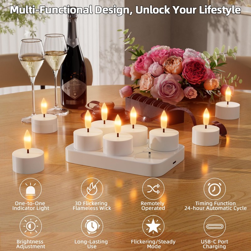 Rechargeable Flameless Tea Lights Candles with Charging Station 6Pcs Battery