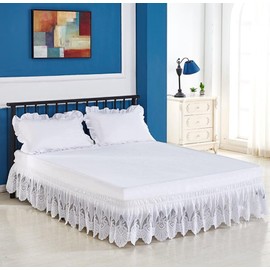 Flower Lace Tulle Elastic Bed Skirt Princess Ruffle Wrap Around Bed Wrap Easy Fit Dust Four Seasons White Queen