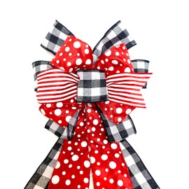 Black and Red Polka Dot Wreath Bow, Large Red Gift Accent, Christmas Tree Topper Ribbon, Door Decoration Bow, Banister Adornment, Wreath Bows, Christmas Swag Accent, Lantern Ornament.