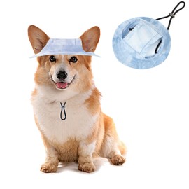 HDKUW Dog Bucket Hats, Dog Round Cap with Ear Hole, Adjustable Outdoor Travel Sun Protection Sport Hat for Cat Small Medium Dogs Light Blue S