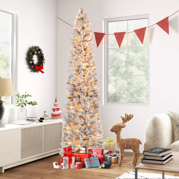 Costway 7 FT Pre-Lit Christmas Tree SlimPencil Snow-Flocked Branch Tips