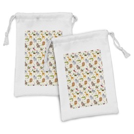 Ambesonne Cartoon Animal Fabric Pouch Set of 2, Australian Fauna Silly Faces Savannah Lion Crocodile Repetitive Pattern, Small Drawstring Bag for Toiletries Masks and Favors, 9" x 6", Multicolor