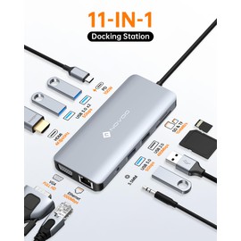 USB C HUB Multiport Adapter, NOVOO R11 11 in 1 USB C Dock, 4K@60 HDMI, 4 USB-A Data Ports, SD/TF, 1Gbps Ethernet, VGA, 3.5mm Thunderbolt Docking Station Dongle for MacBook, Dell, HP, Lenovo,ASUS
