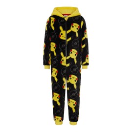Pokémon Boys or Girls Hooded Fleece Onesie, Kids All in One Pyjamas, Pikachu, Black, Age 3-4 Years