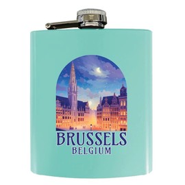 R and R Imports Brussels Belgium Grand-Place Design Souvenir 7 oz Steel Flask Matte Finish Seafoam 2-Pack