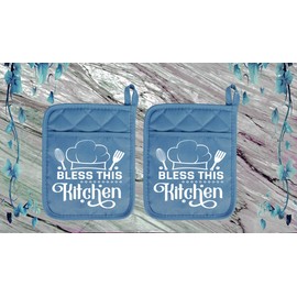 Set of 2 Slate Blue - Bless This Kitchen #2 - Pot Holder - Oven Mitt - Hot Pad - Polyester & Neoprene White Elephant - 9" x 7" - NEO20SLATEDBL