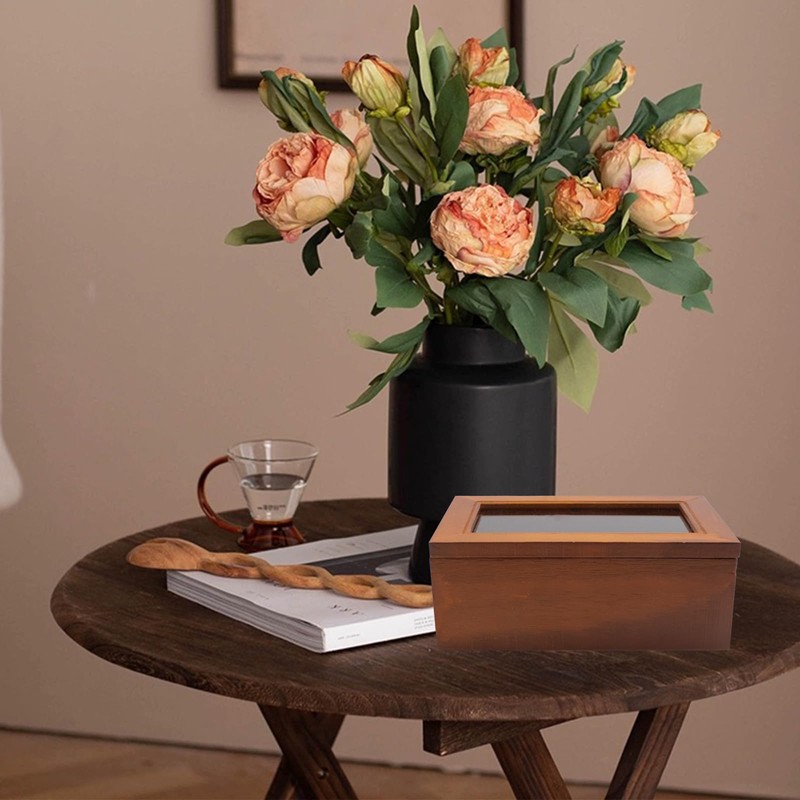 HaoGludi Wood Storage Box with Window, Rustic Style Square Pine