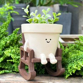 Smiley Face Planter Pot Small, Cute Resin Flower Head Planters for String of Pearls Plant Live Indoor Outdoor Unique Sit Rocking Chair Succulent Pots Gift Ideas for Family Friends with Drainage Hole