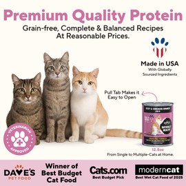 Dave's Pet Food Grain Free Wet Cat Food Pate (Beef & Chicken), Made in USA Naturally Healthy Canned, 12.5 oz Cans (12 Pack)