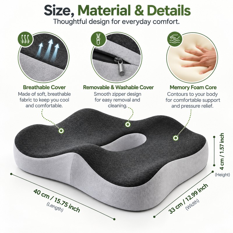 Ergonomic Memory Foam Seat Cushion for Daily Sitting – 3-Zone