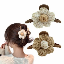 2 PCS Hair Claw Clips Braided Fluffy Plush Flower Hair Catch Barrette Jaw Clamp for Women Girls Strong Hold Half Bun Hairpins for Thick Thin Hair Stylish Curly Hair Accessories