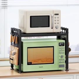 Expandable Microwave Stand Countertop, 2-Tier Adjustable Microwave Oven Rack with 8 Hooks & 2 Holders, Heavy Duty Carbon Steel Microwave Shelf for Kitchen Counter Organizer and Storage, Holds 200lbs