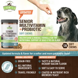 Strawfield Pets Senior Multivitamin + Probiotics for Dogs with Milk Thistle Joint Support Supplement for Dogs Bacon Flavor 120 Soft Chews