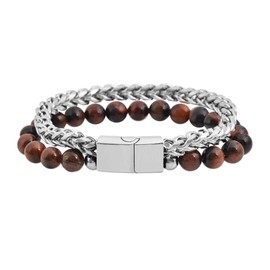 Magna Steel Men's Tiger Eye Stone Beads and Stainless Steel Franco Chain Bracelet (Red Tiger Eye, Franco)