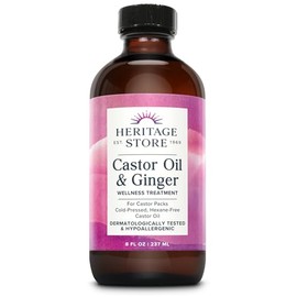 HERITAGE STORE Aceite De Ricino Y Jengibre - Compresa Térmica De Aceite De Ricino Orgánico Prensado En Frío - Para El Abdomen, Las Articulaciones Y El Bienestar General Con Jengibre Calmante - Hipoale