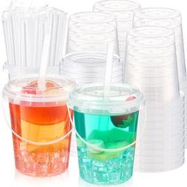 Funnymoom 100 Set Clear Plastic Cups 34 oz Ice Cream Buckets with Lids and Straws Disposable Drink Cups Cocktail Pails with Handles for Outdoor Holiday Travel Beach Birthday Pool Party Supplies