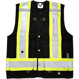 Viking Men's Open Road Surveyor Safety Vest - Class 2 Reflective Polyester Twill with 14” Zippered Pack on Back, Plentiful Pockets, Black - 4X-Large