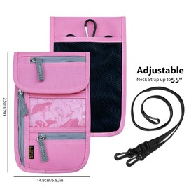 Travel Neck Wallet, RFID Blocking Passport Holder with Adjustable Neck Strap for Men and Women to Keep Cash, Credit Cards and Travel Documents Safe - Pink