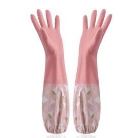 ARTIVITEE Rubber Gloves, Waterproof Gloves, Housework Gloves, Long, Non-slip, Fleece-Lined, Thick, Work Gloves, Long Gloves, For Cleaning, Kitchen, Car Washing, Dishwashing, Washing, Washing, Gardening, Cooking (Pink)