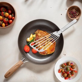 KSENDALO Flexible Fish Spatula Stainless Steel -Slotted Thin Egg Flipper with Riveted Handle, Angled Blade & Hollow Grip, Metal Turner for Cooking Fish Egg Pancakes (1 pack)