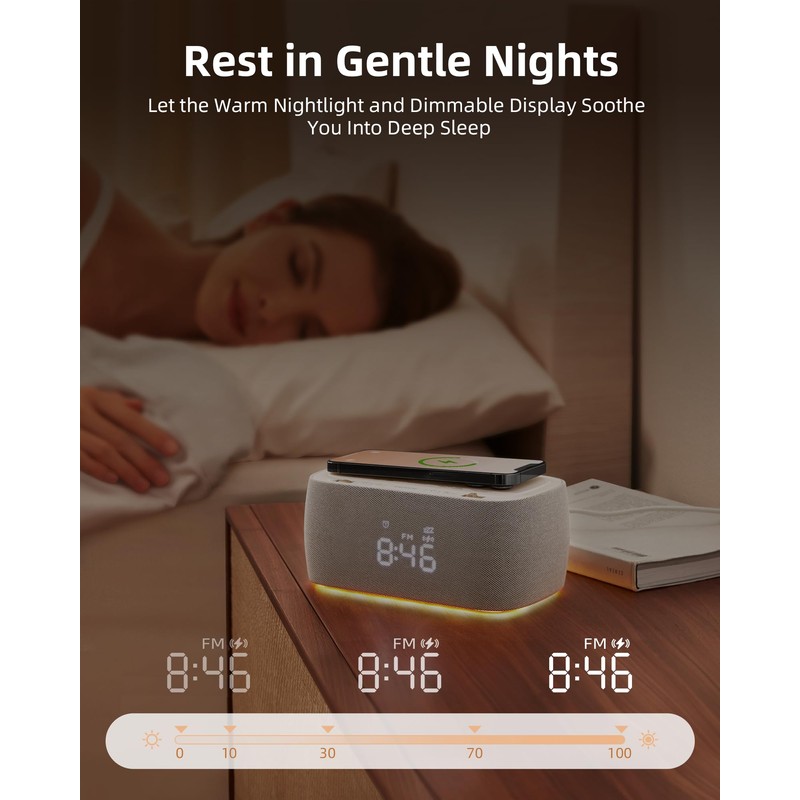 EZVALO Alarm Clock with Wireless Charger,Multifunctional Digital Clock Radio with