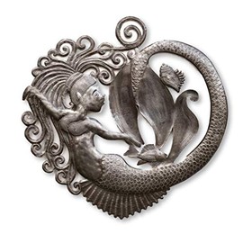 Large Mermaid Wall Art, Heart Shaped Plaque, Nautical and Sea Life Home Decoration, Handmade in Haiti, Inspirational Family Sculptures 23x23 Inches