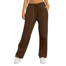 AUTOMET Women's Wide Leg Sweatpants Fleece Lined Baggy Straight Leg Lounge Pants Fall Outfits Athletic Joggers with Pockets Brown M