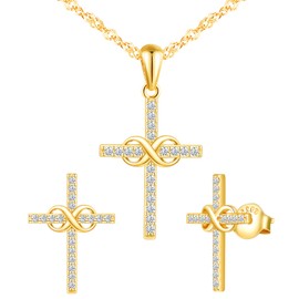 Yumilok Women's Jewellery Set Necklace with Cross Pendant and Cross Stud Earrings Made of 925 Sterling Silver Rose Gold, Sterling Silver, Cubic Zirconia