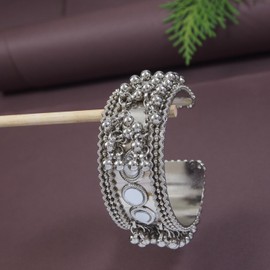 I Jewels Navratri Ethnic Silver Oxidised Indian Wedding Bollywood Afghani Ghungroo & Mirror Work Adjustable Cuff Kada Bracelet For Women (ADB519OX)