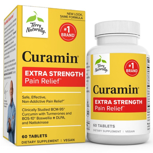 Terry Naturally Curamin Extra Strength - 60 Tablets - Non-Addictive Pain Relief Supplement with Curcumin from Turmeric, Boswellia & DLPA - Non-GMO, Vegan, Gluten Free - 20 Servings