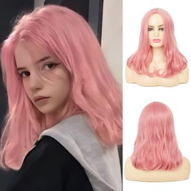 Amnenl Pink Wigs for Women Shoulder Length Synthetic Hair Wigs Cosplay Daily Costume Wig
