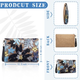 ER.Roulour Women's Clutches Straw Evening Handbag Beach Bag Woven Purse Colourful Handbag Summer Beach Straw Clutch for Wedding Party Holiday, blue